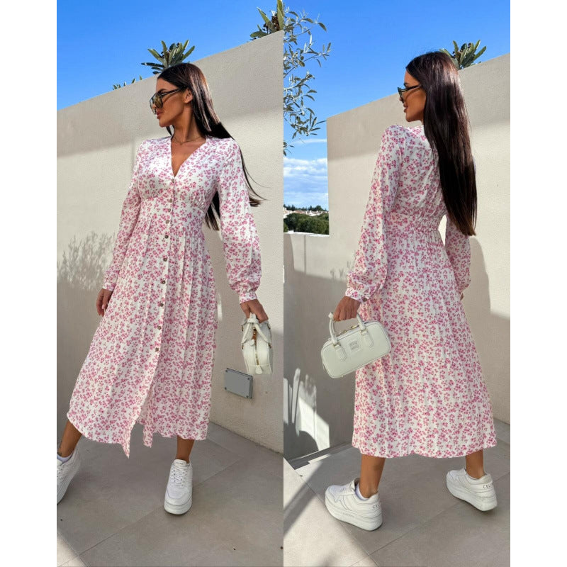 Long-Sleeve Floral Slim Waist Casual Dress