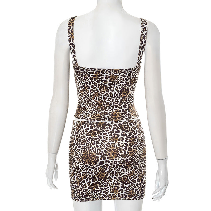 Women Leopard Print Sleeveless Hook-and-loop Vest Top And Skirt Two-piece Set 8