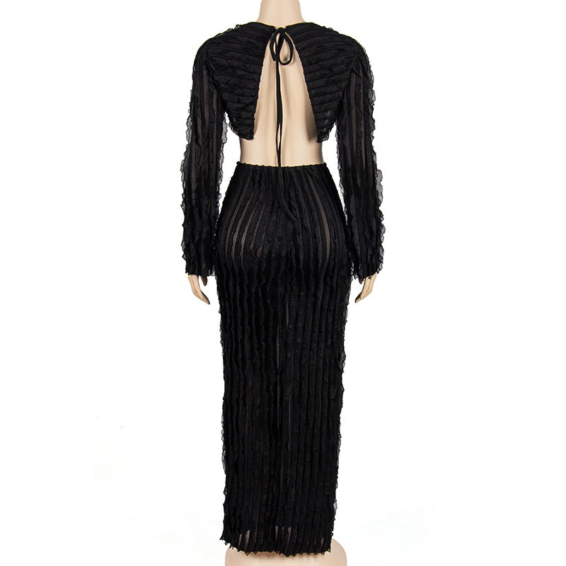 Women Fall Solid Round Neck Long Sleeve Crop Top and Skirt Two-Piece Set 4