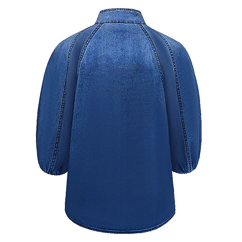 Spring And Autumn Light Blue Five-Point Sleeve Puff Sleeve Pullover Denim Top 8