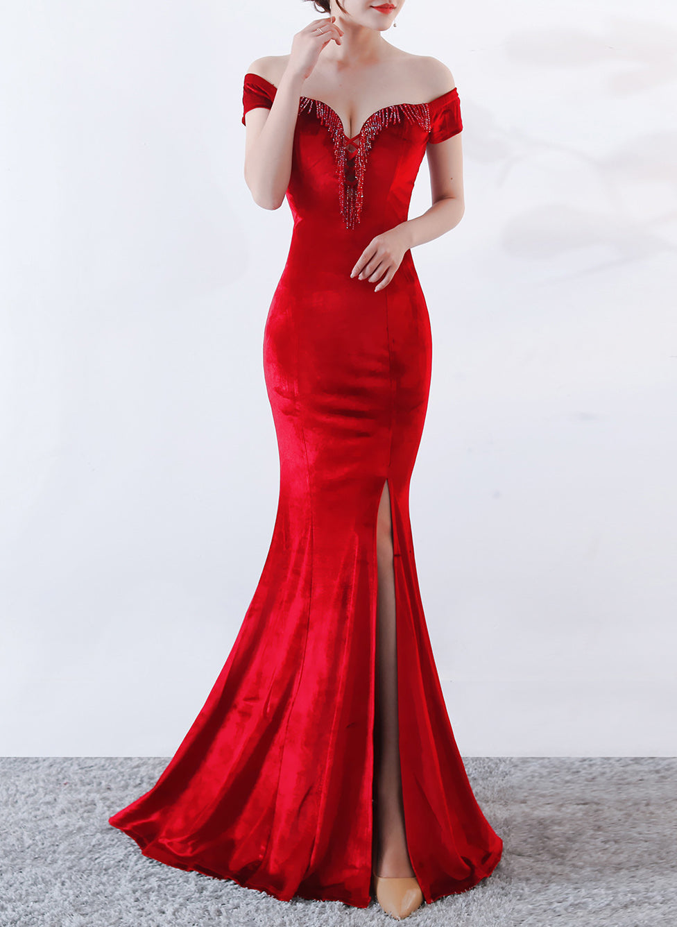 sexy off shoulder mermaid long velvet Formal Party evening dress