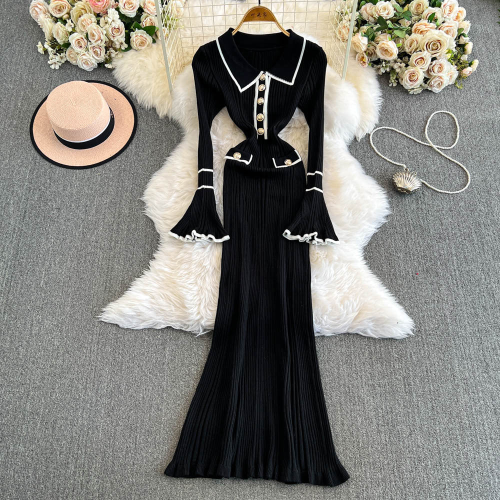 Winter Turndown Collar Knitting Dress Women Long Sleeve Fashion Chic Slim Waist Sweater Dress 9