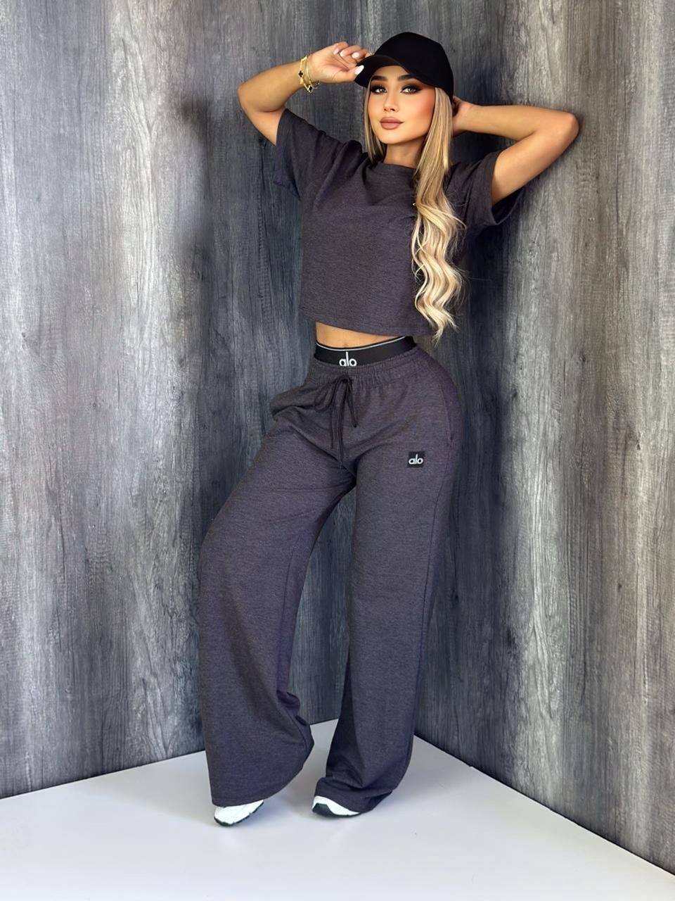 Fashion Casual Set Embroidered Letter Double Waistband High Waist Wide Leg Pants Set