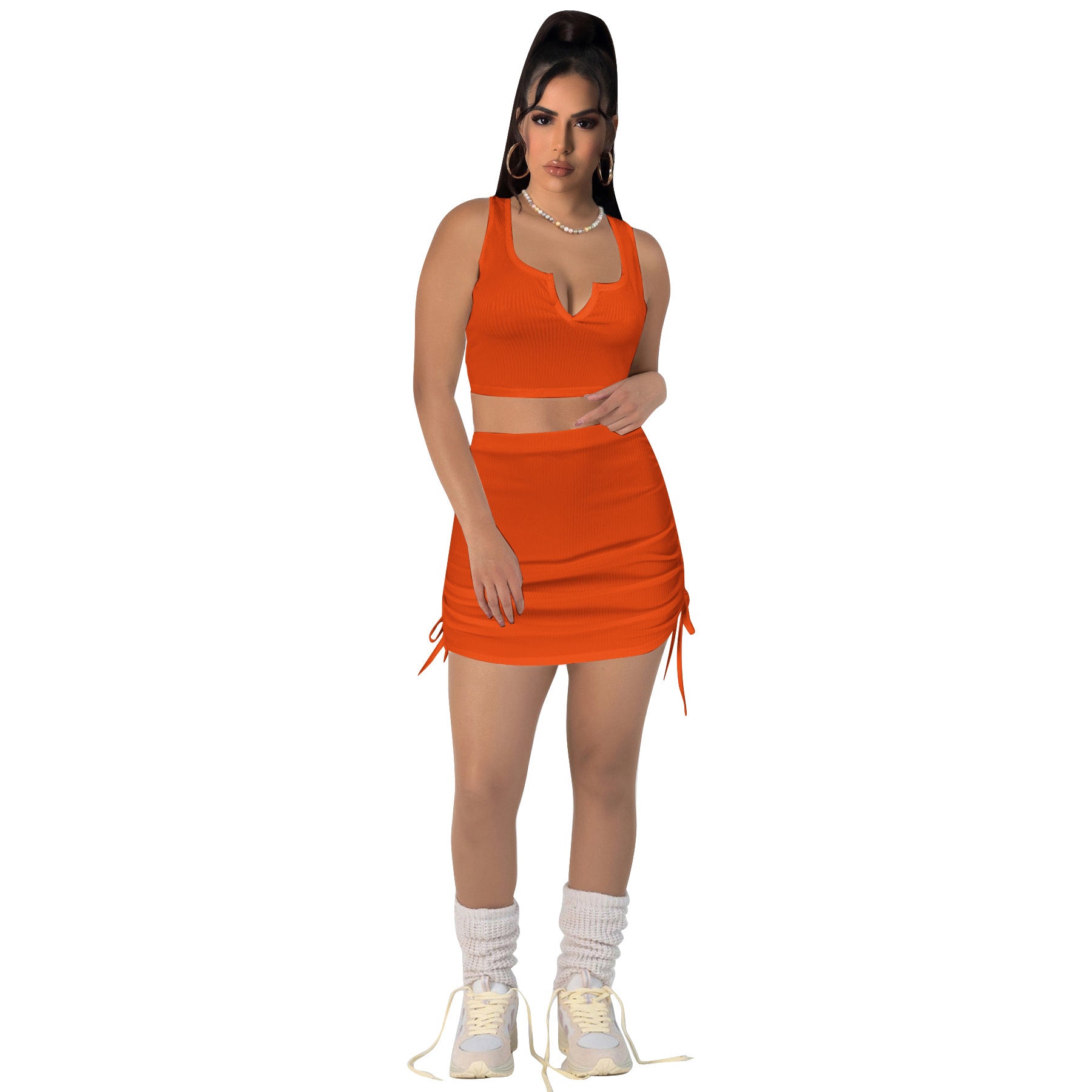 Women Stretch sexy v-neck Top and drawstring Solid Skirt two-piece set 15
