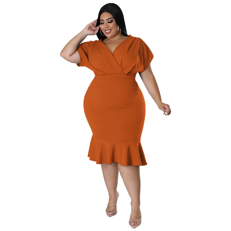 Fashion Plus Size Women's Summer Style V-Neck Solid Bodycon Dress 18