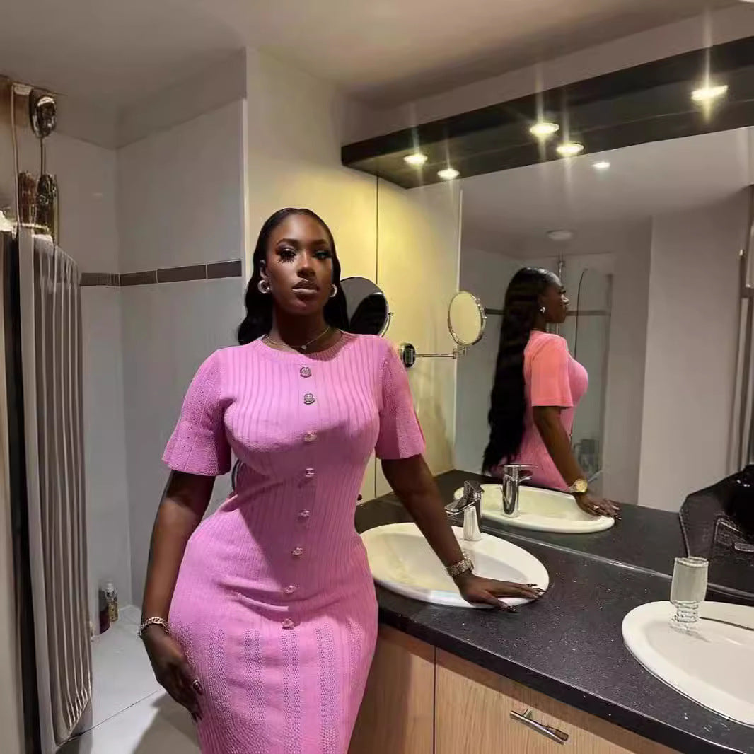 Women Summer Round Neck Short Sleeve Chic Knitting Bodycon Dress 6