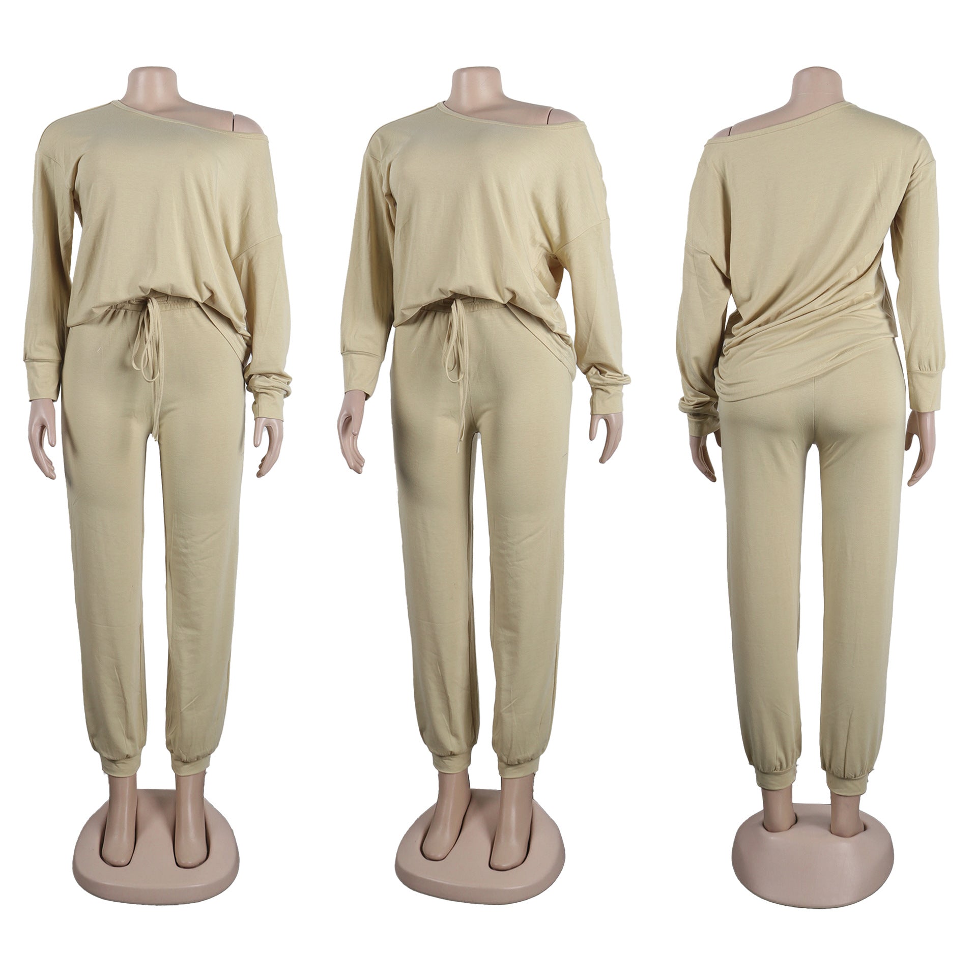 Women Solid Casual Slash Shoulder Top and Pant Two-piece Set 25