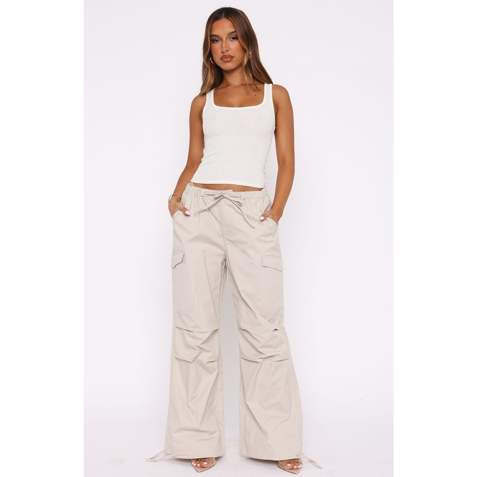 Women's Comfortable Loose Lace-Up Multi-Pocket Straight Cargo Casual Pants 3