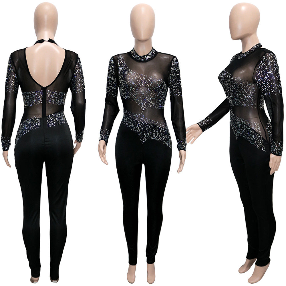 Women Sexy Mesh See-Through Beaded Long Sleeve Jumpsuit 5