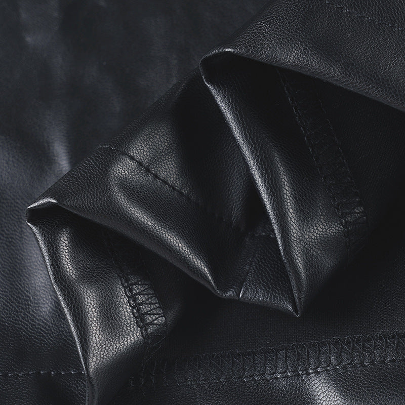 Women sexy V-neck halter slit stretchy Pu-Leather bodycon dress 15