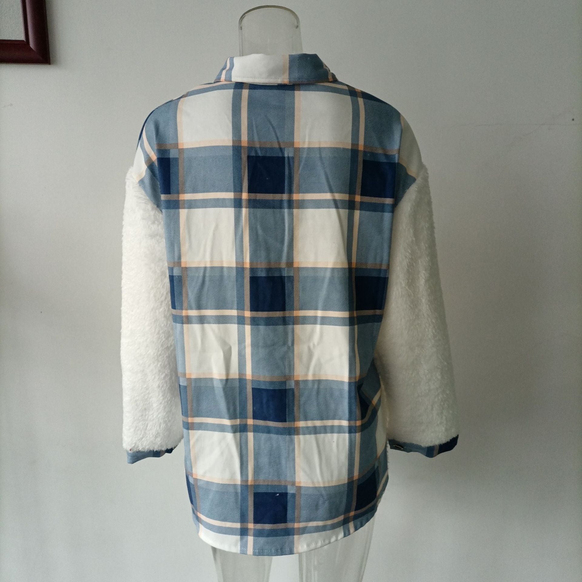 Women Turndown Collar Leopard Plaid Print Furry Patchwork Contrast Warm Long Sleeve Shirt 33