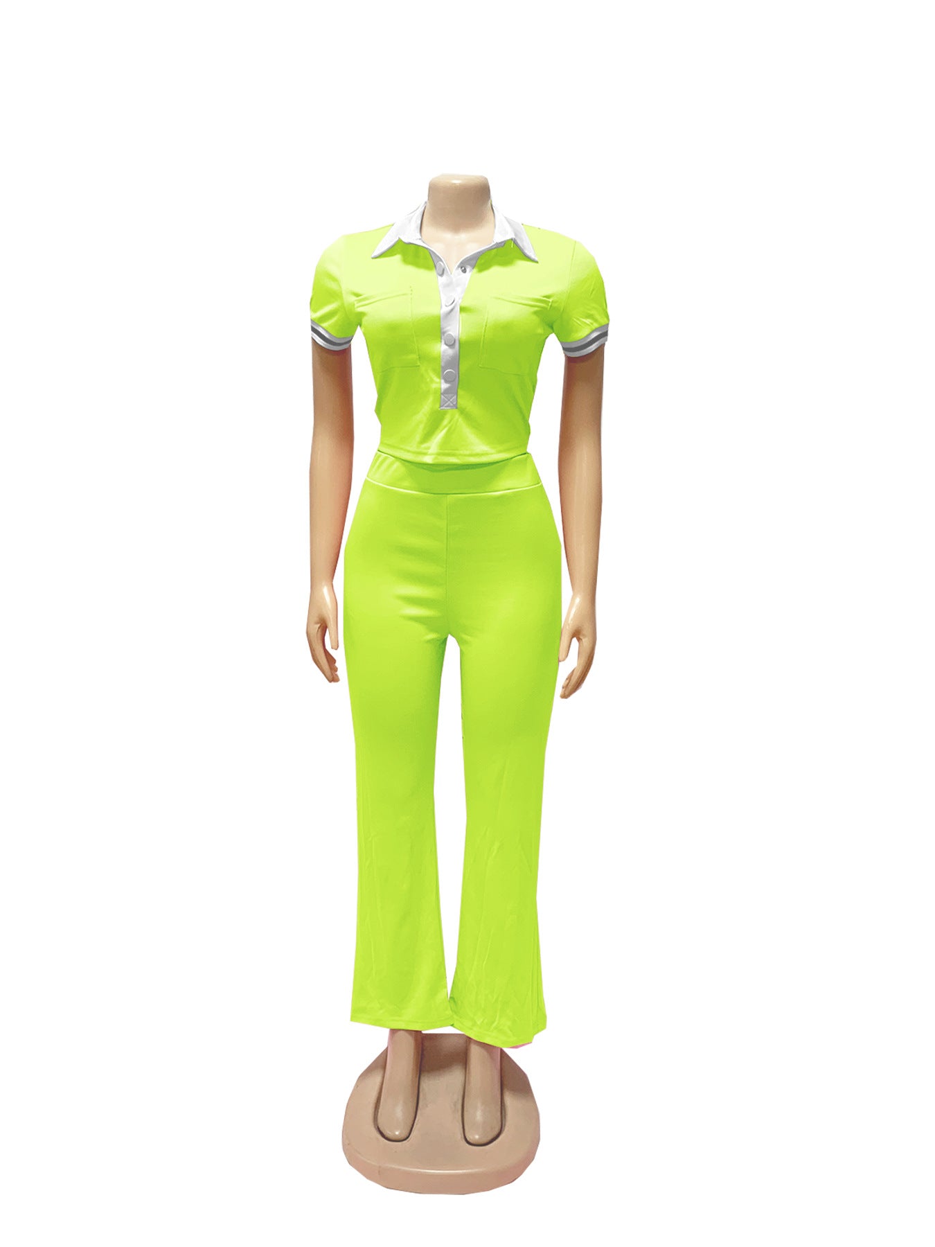 Women Spring and Summer Casual Polo Neck Top and Wide Leg Pants Contrast Color Casual Two Piece Set 9