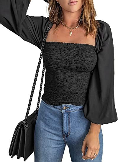 Women Solid Square Neck Long Sleeve Lantern Sleeve Pleated Top 3