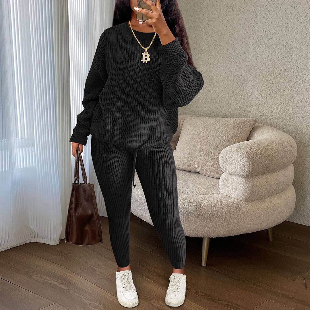 Fashion Casual Knitting Two Piece Pants Set Solid Long Sleeve Loose Sweater Trouser Suits Women's Clothing 20