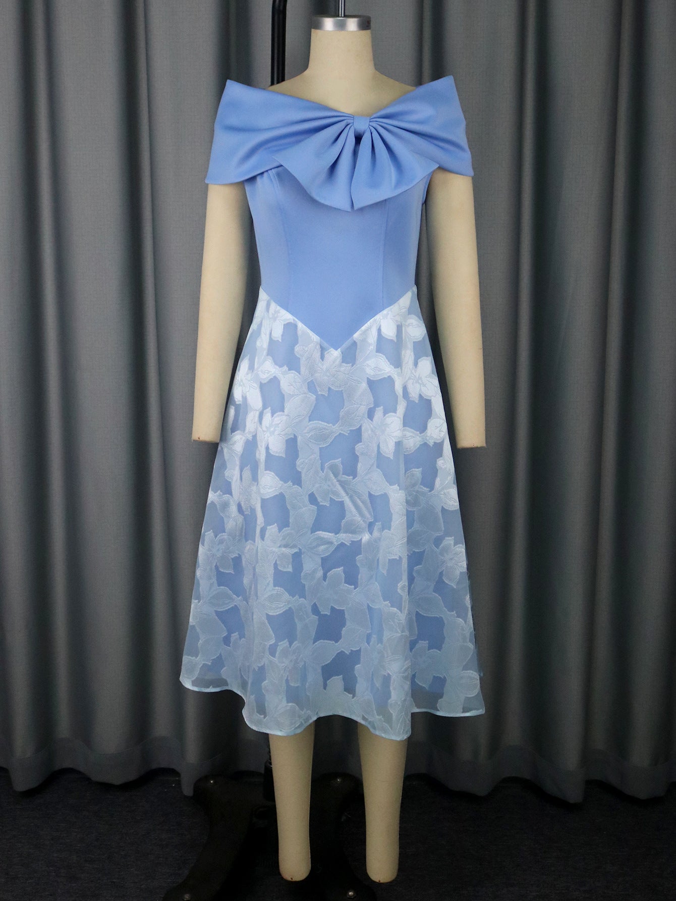 Elegant Bow Off-Shoulder Patchwork Blue Chiffon High-Waist Party Dress 4