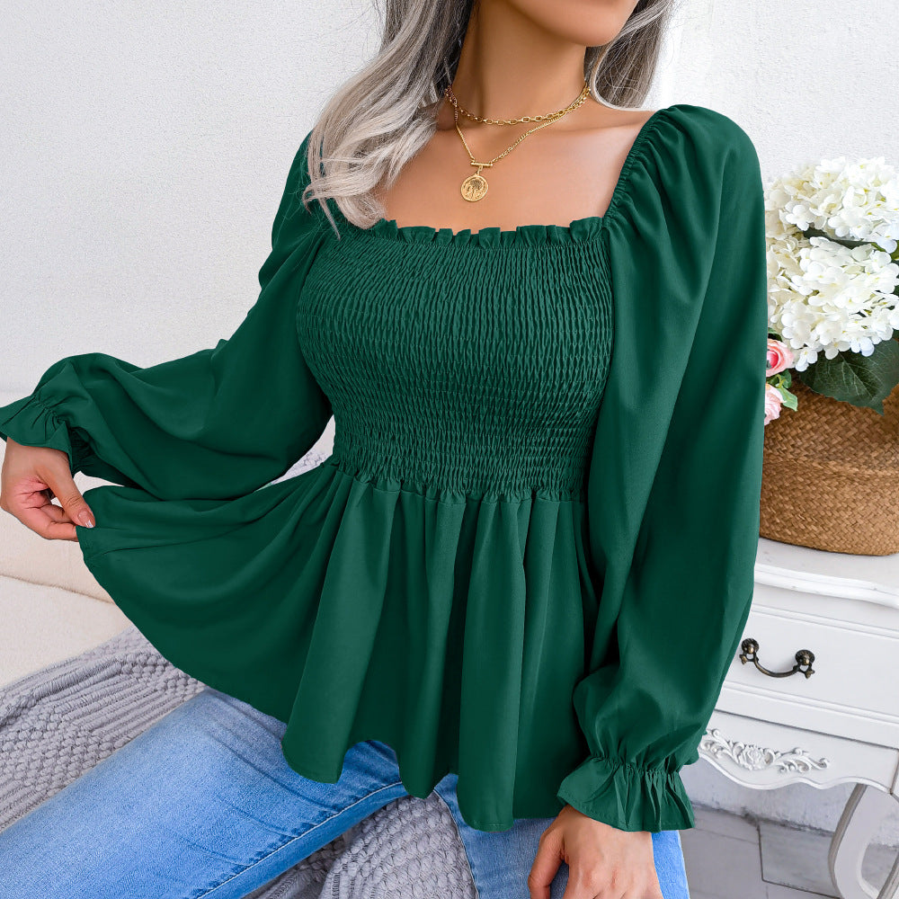 Women Casual Ruffle Edge Square Neck Long Sleeve chiffon Top 3