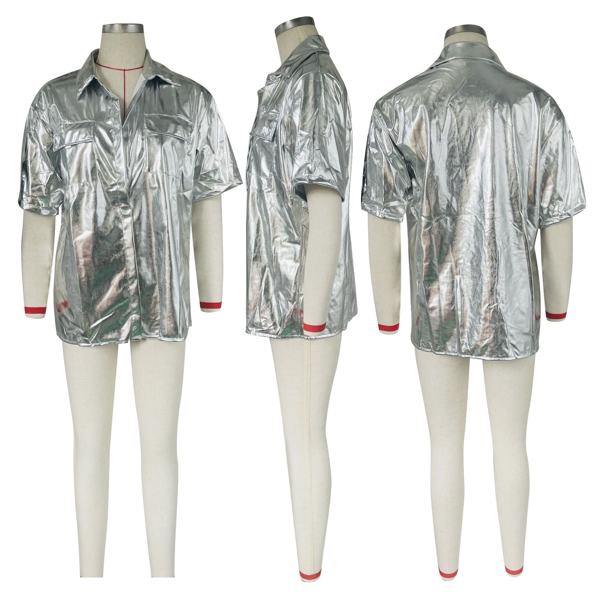 Women's Fashion Casual Shiny Faux Leather High Stretch Shirt Top 12