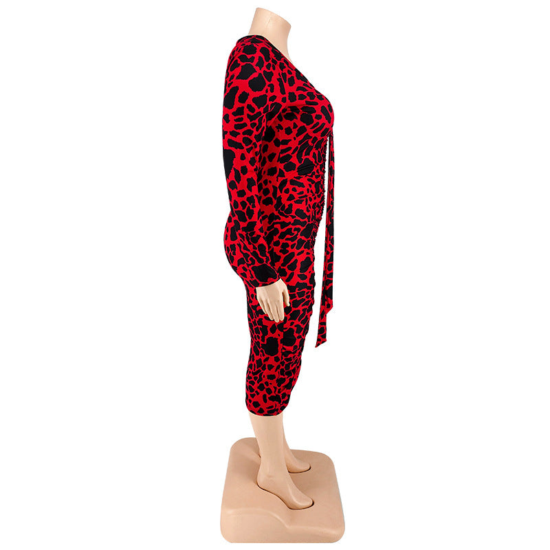 Plus Size Women Sexy Leopard Multicolor Long Sleeve Bodycon Dress 19