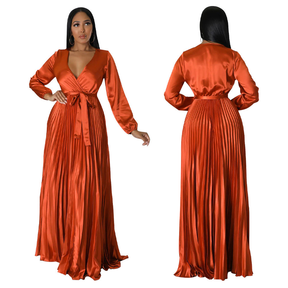 Women Autumn V-Neck Balloon Sleeve Pleated Dress 8