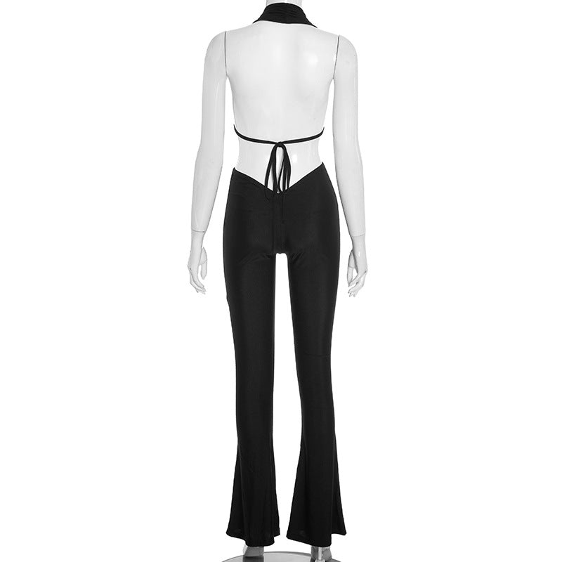 Women Spring/Summer Halter Neck V-Neck Solid Bell Bottom Cropped Jumpsuit 8