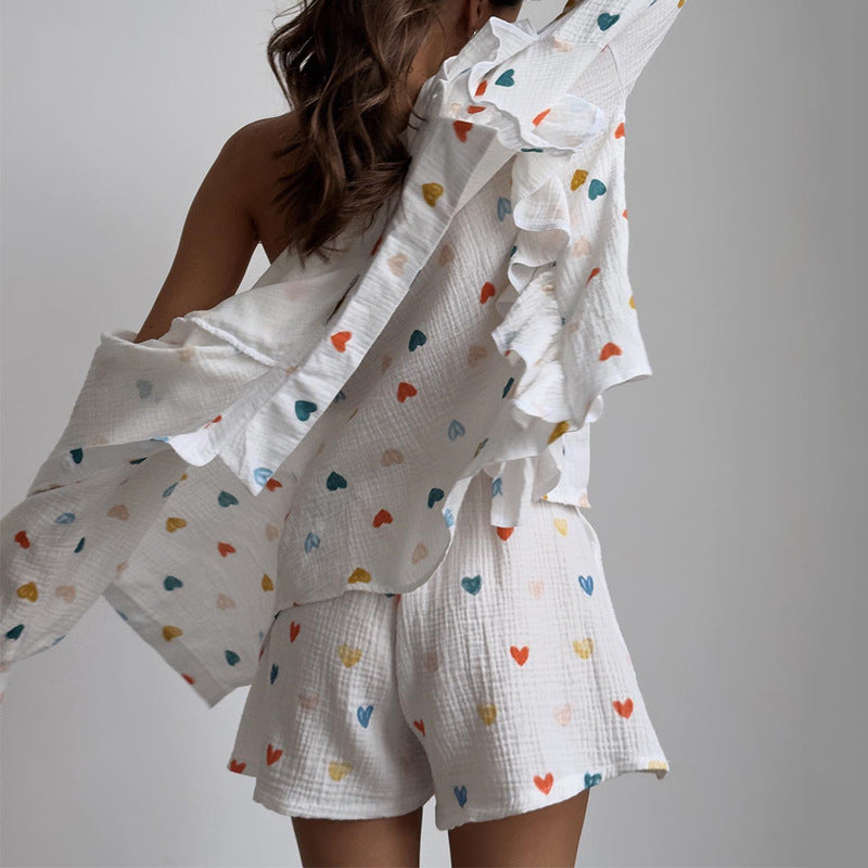 Women Fall Ruffle Heart Print Shirt and Wide-Leg Shorts Casual Two-Piece Set 7