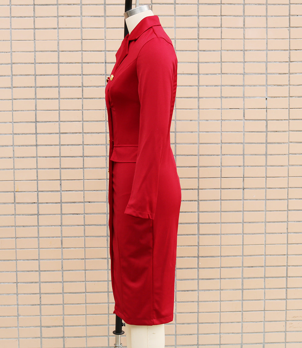 Women Autumn and Winter Long Sleeve Double Breasted Blazer Dress 19