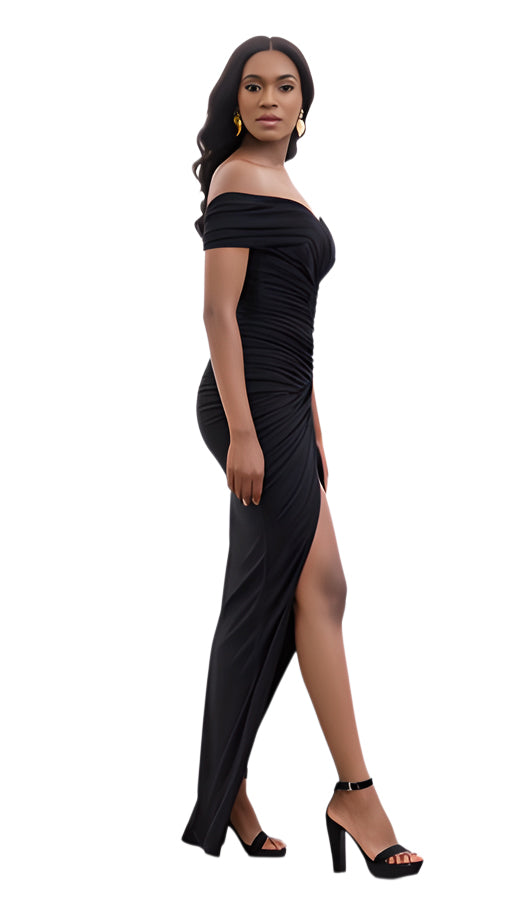 Solid Color Off Shoulder Slit Long Dress 7