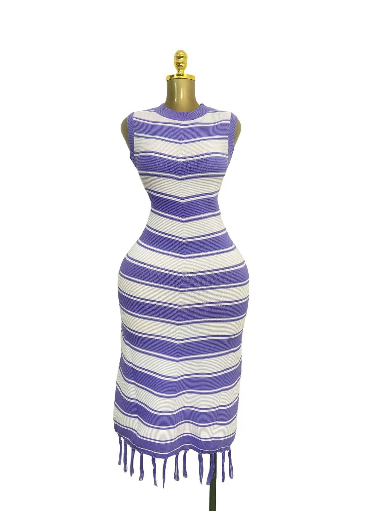 Tight Fitting Striped Tassel Sweater Dress Slim Fit Knit Fashionable Elegant Dress 5