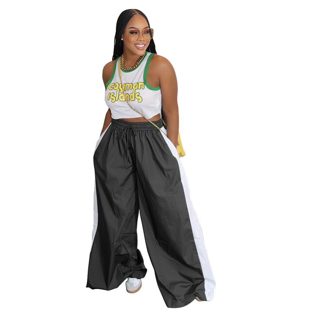 Women Sports Contrast Patchwork Casual Wide Leg Pants 10