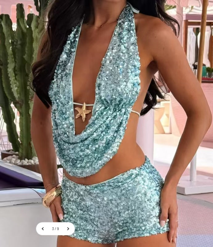 Halter Neck Top & Slim Fit Beach Holiday Shorts Set 4