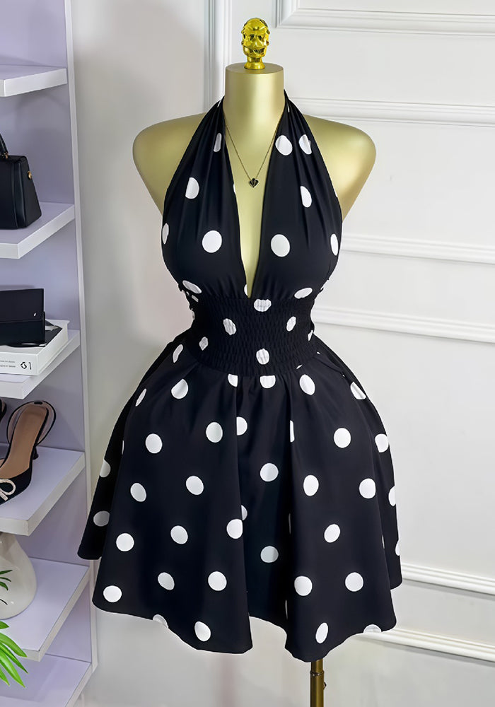 Women Summer Polka Dot Sleeveless V-neck Lace-Up Backless Mini Dress