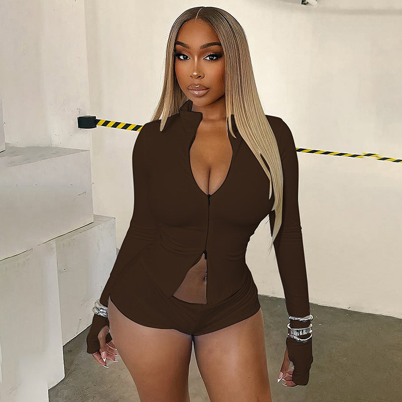 Women Autumn/Winter Stand Collar Zippered Top Shorts with Three-Piece Knee Pads 4