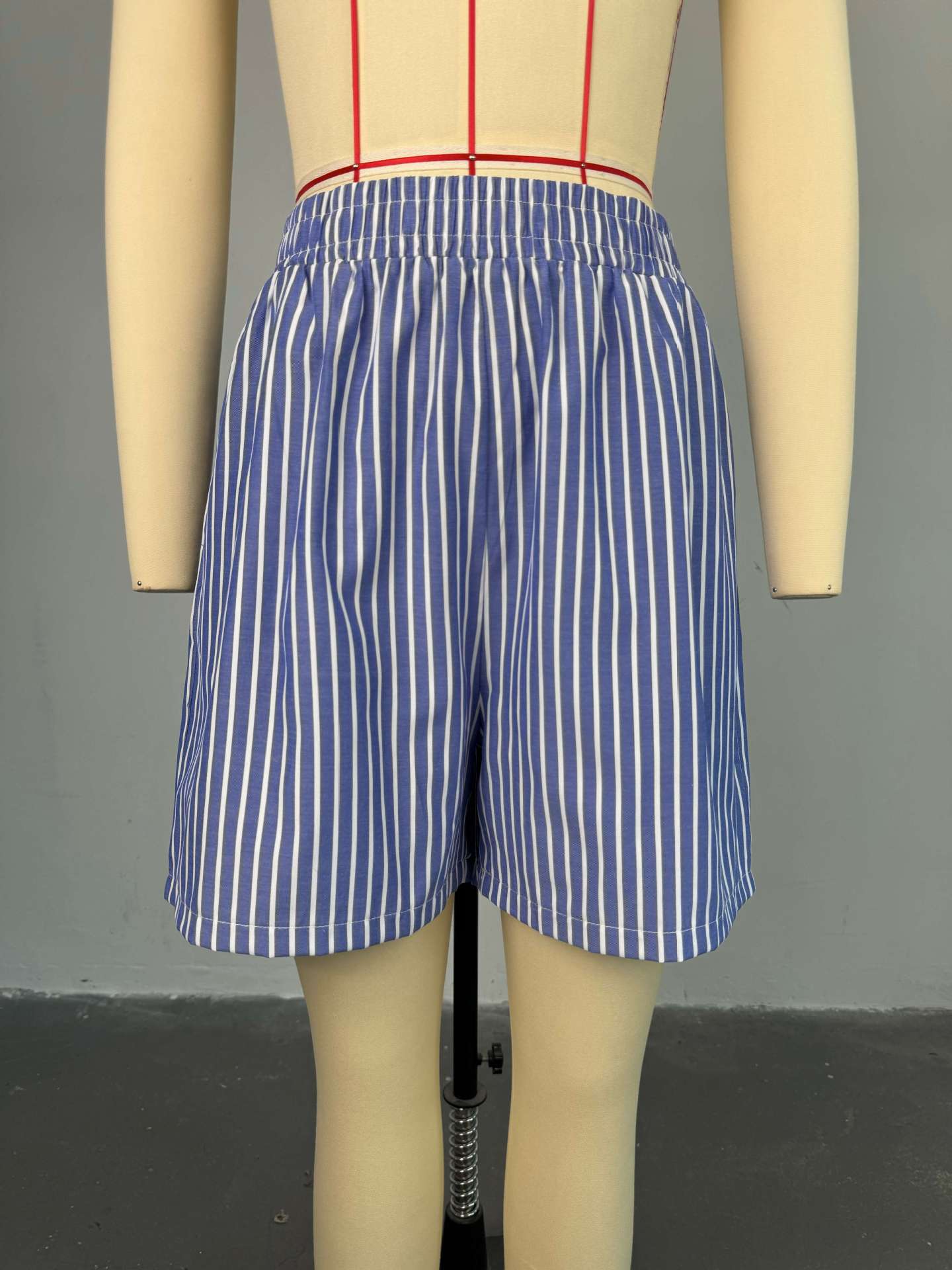 Women Summer Blue and White Striped Shirt Wide Leg Shorts Two Piece Set 6