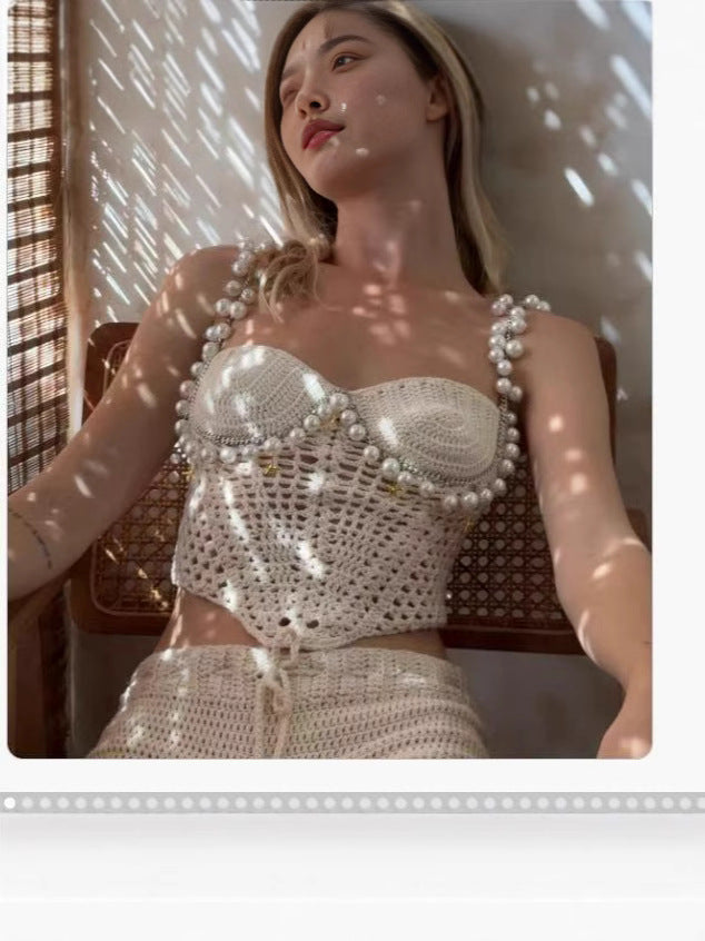 Spring/Summer Sexy Solid Color Crop Strap Beaded Top 9