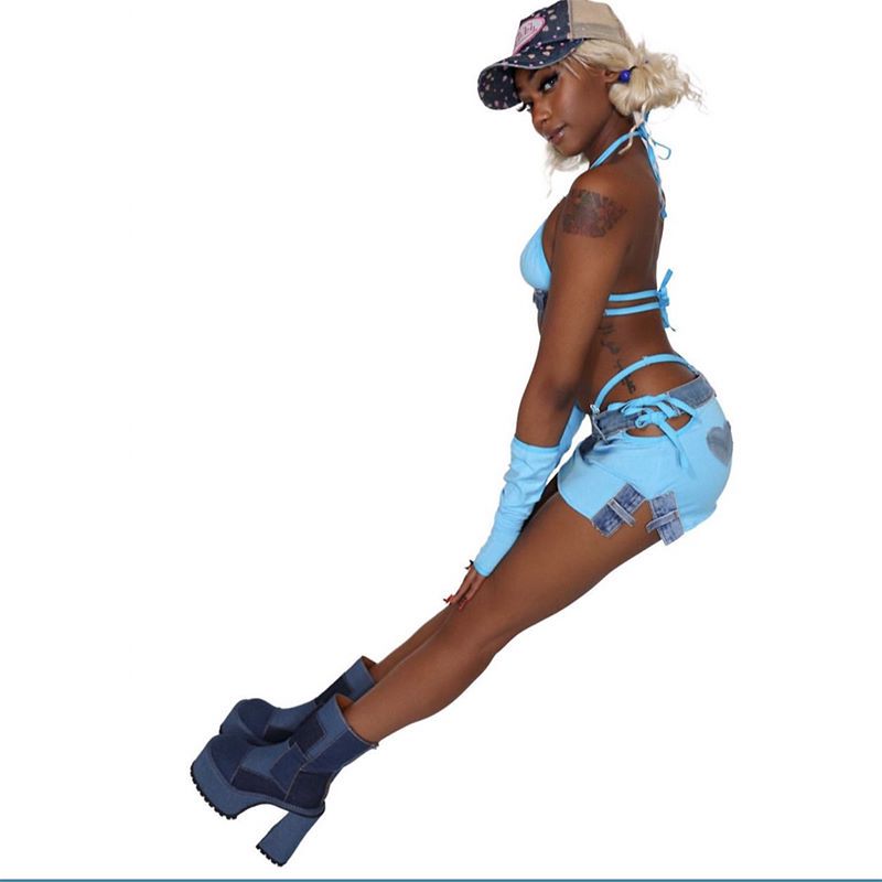 Women Backless Sexy lace-up vest suspender bra sleeves set / Denim Patchwork Mini Skirt 5