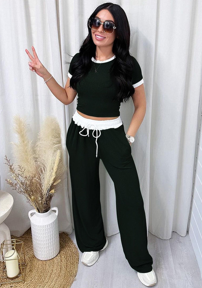 Spring Summer Style Round Neck Contrast Color Short Sleeve Top Women's Fashion Casual Wide Leg Pants Sports Two Piece Set 6
