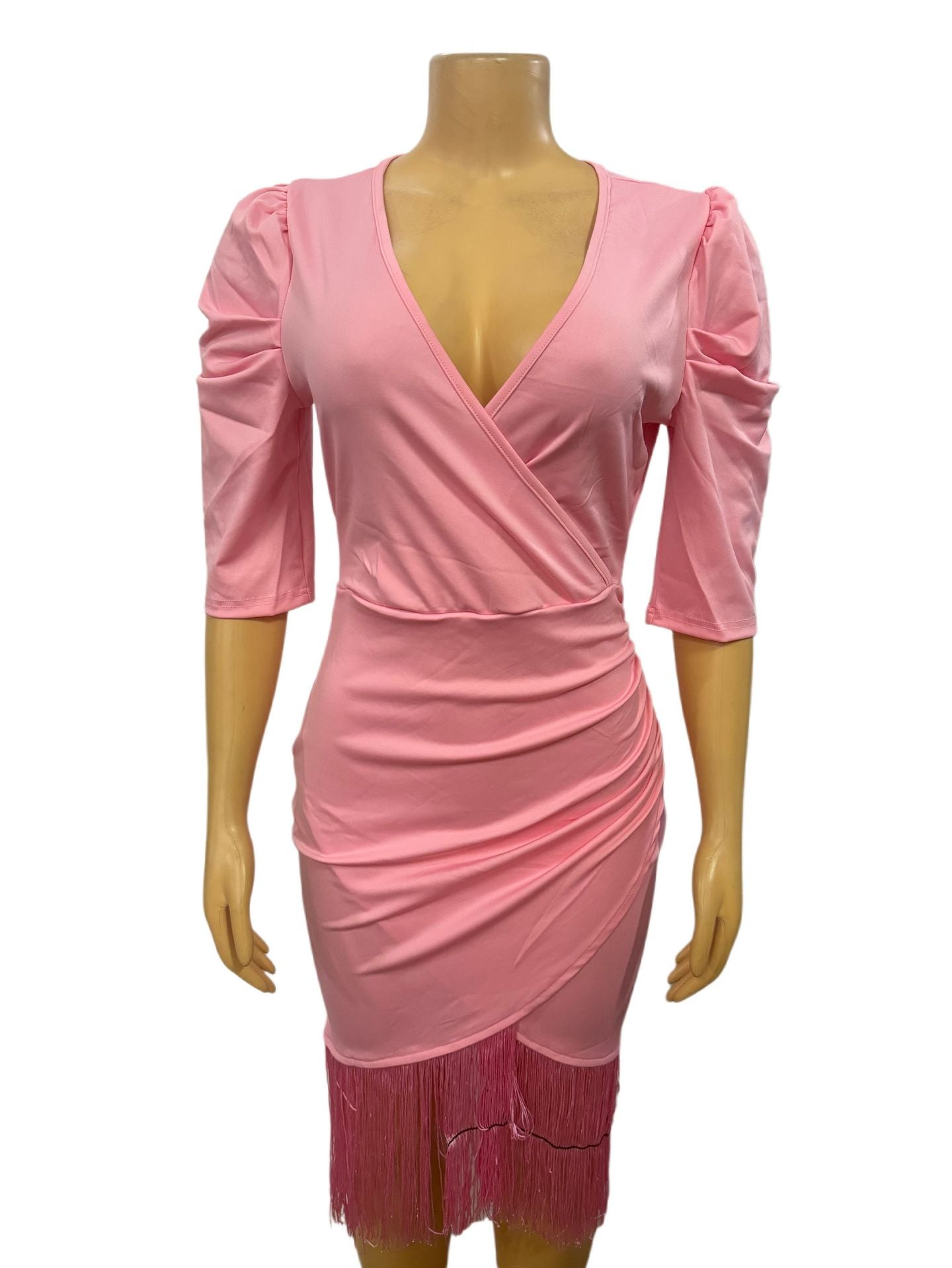 Women solid tassel v-neck sexy bodycon irregular dress 4