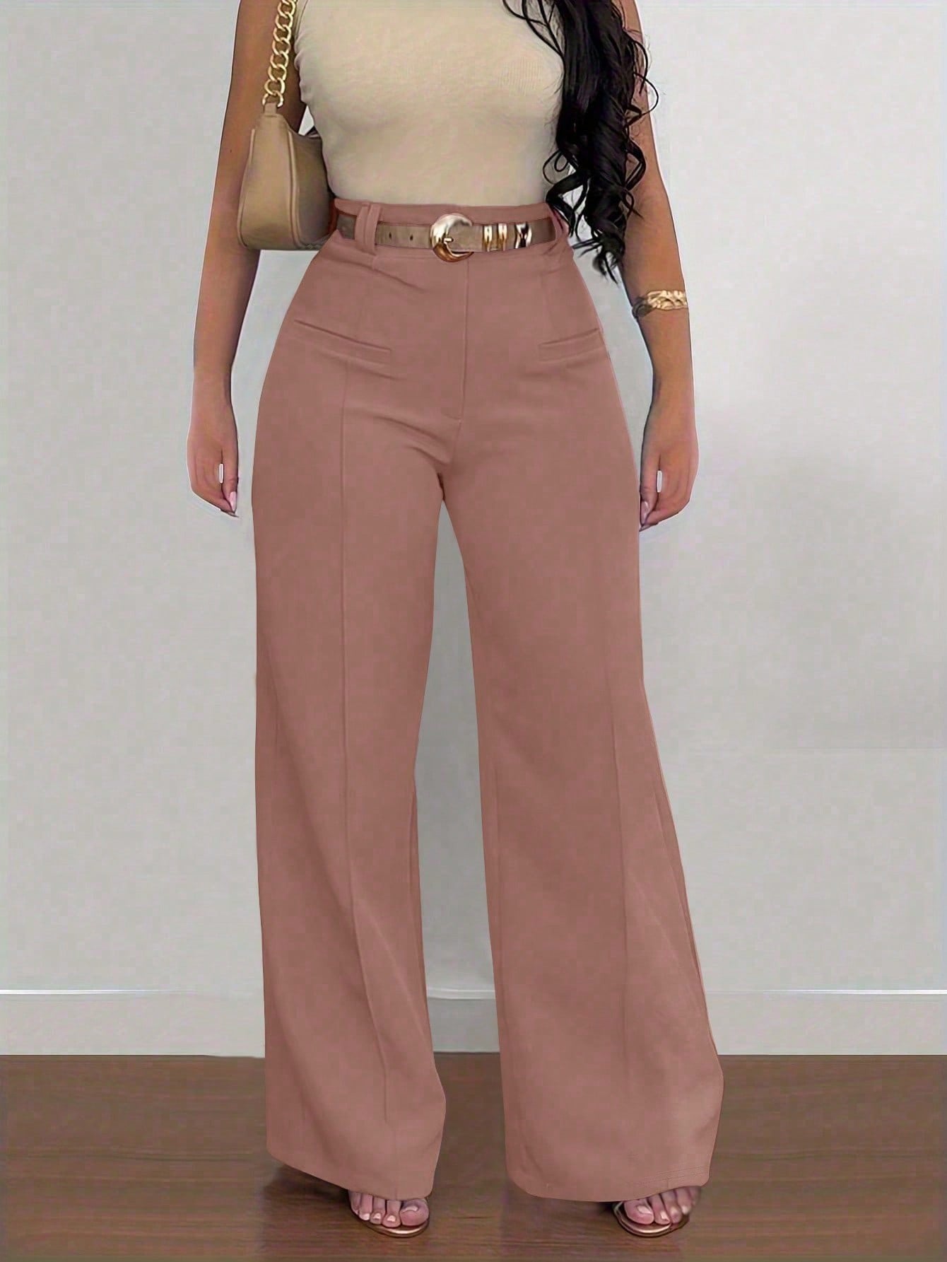 Women's Plus Size Fashion Casual Solid Color Wide-Leg Pants Slim Straight-Leg Trousers( Belt Not Included)