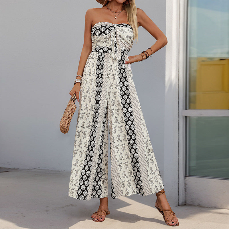 Summer Print Casual Tied Strapless Wide-Leg Jumpsuit 4