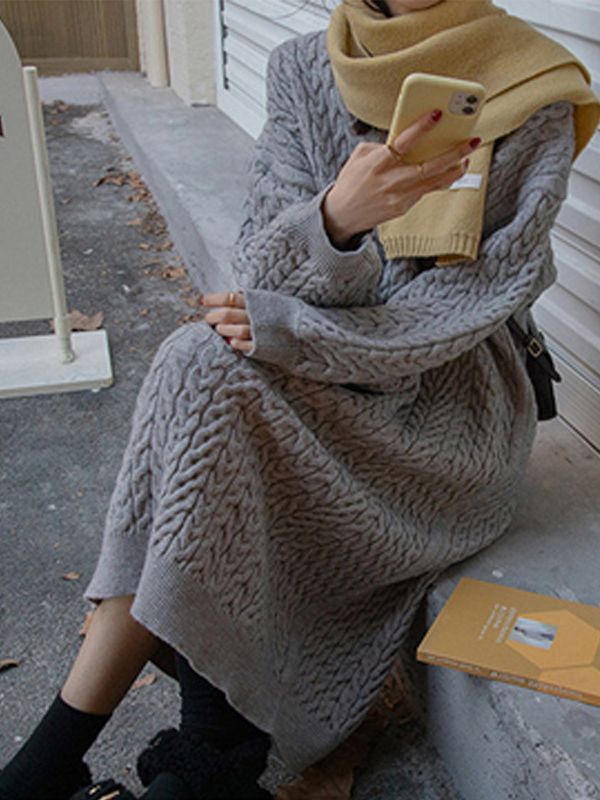 Autumn and winter v-neck retro style twist embossed pullover sweater Casual Knitting Basic dress for women