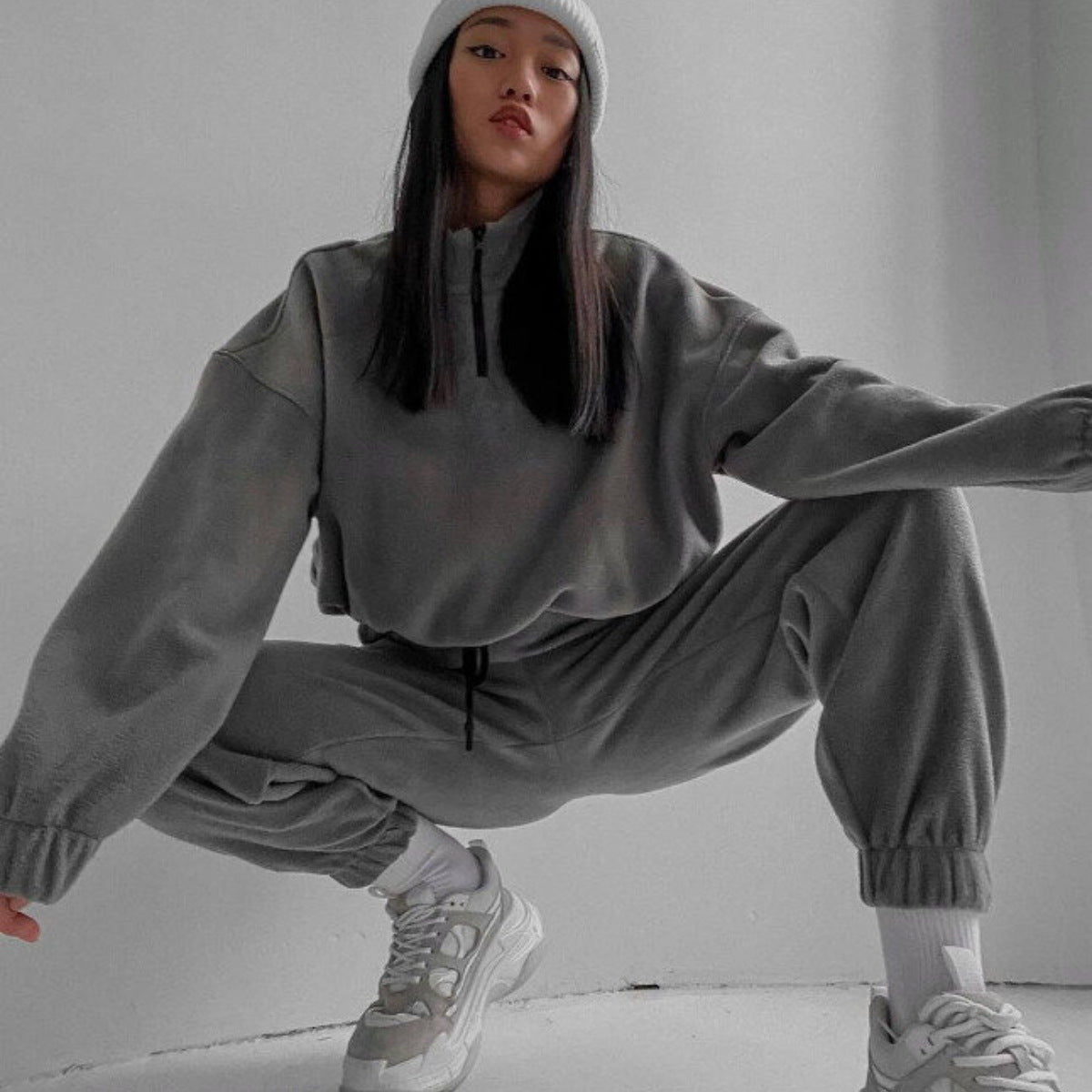 Women Casual zipper Stand Collar Hoodies and Pants two-piece suit