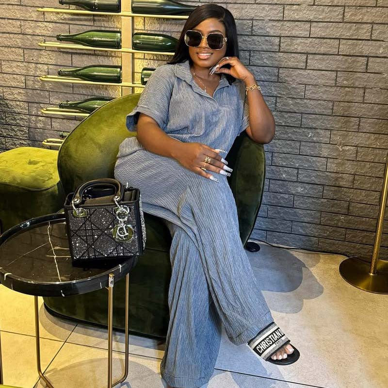 Plus Size Women African summer Turndown Collar Top And trousers two-piece set 5