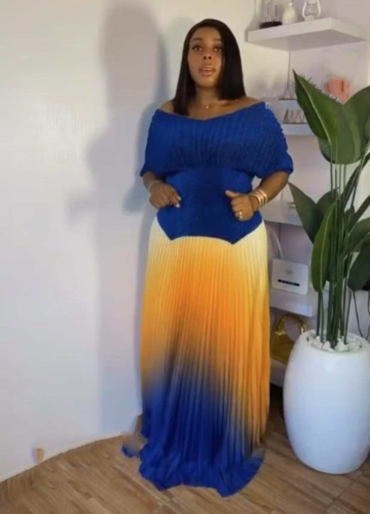 Pleated solid color v-neck top gradient pleated long skirt two-piece set for women 6