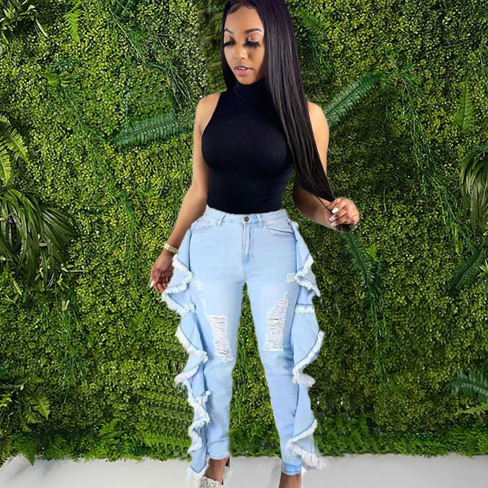 Women's Denim Pants Streetwear Casual Frayed Side Ruffles Tight Fitting Stretch Jeans 4