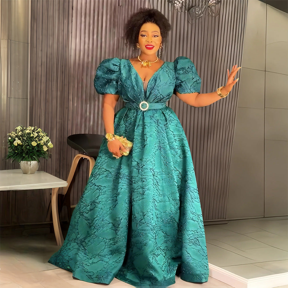 Chic Plus Size Dress Women Africa Mesh V-Neck Party Gown with Belt 5