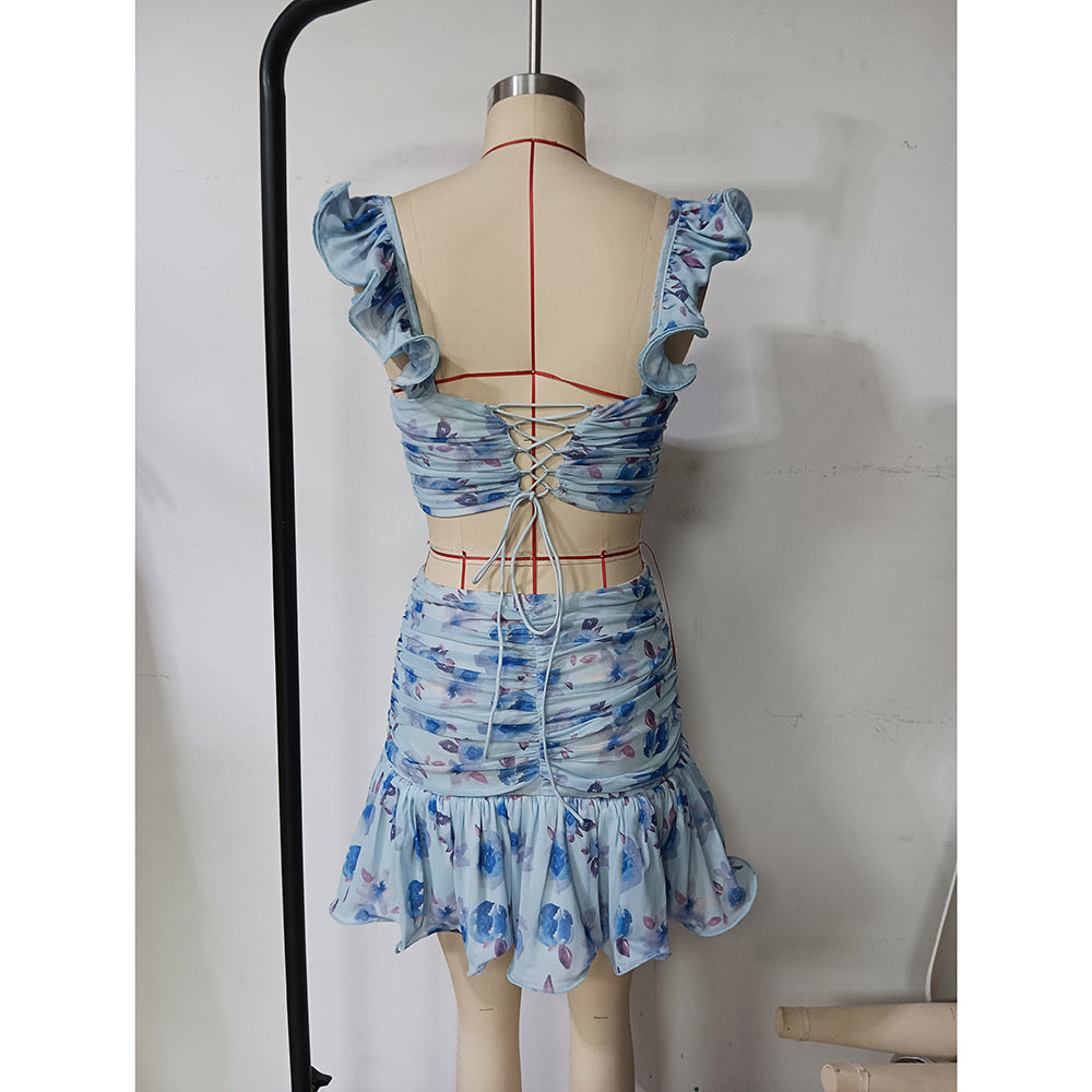 Summer women's fashion sexy Print Crop top Beach short skirt set 10