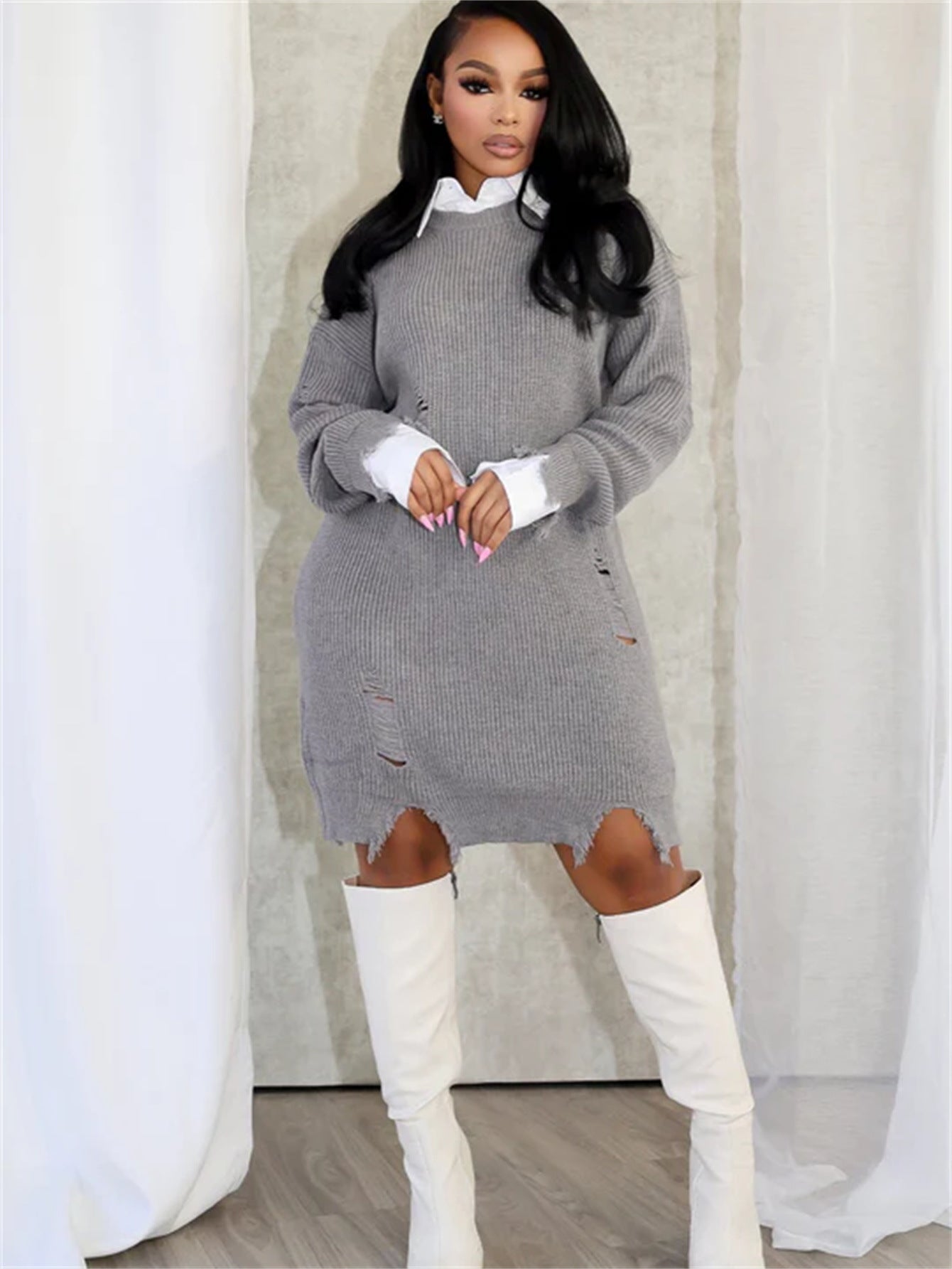 Ripped Casual Loose Solid Color Fashion Turndown-Collar Irregular Mini Dress 6