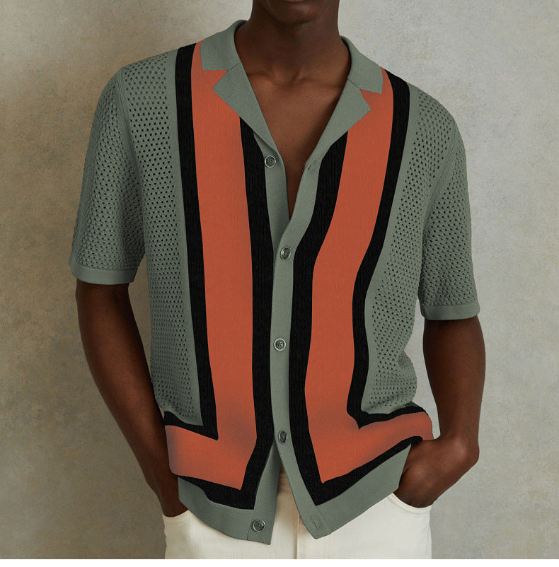Men’s Striped Color Block Turn-Down Collar Short Sleeves Knitted Polo Shirt 3