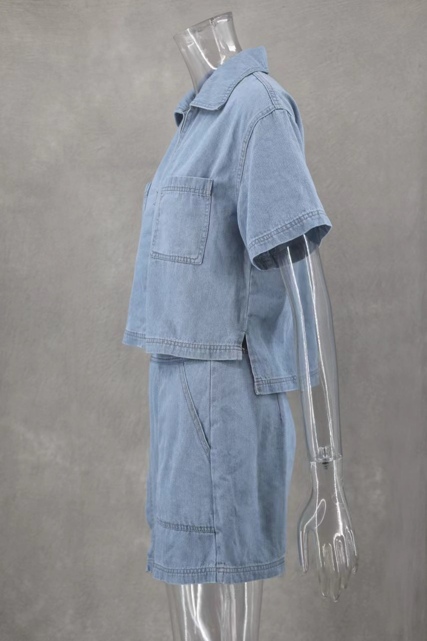 Women Casual Denim Polo Short Sleeve Shirt Irregular Skirt Pants Two-piece Set 11