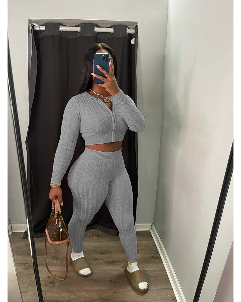 Women Solid knitting sweater and trousers two-piece set 4